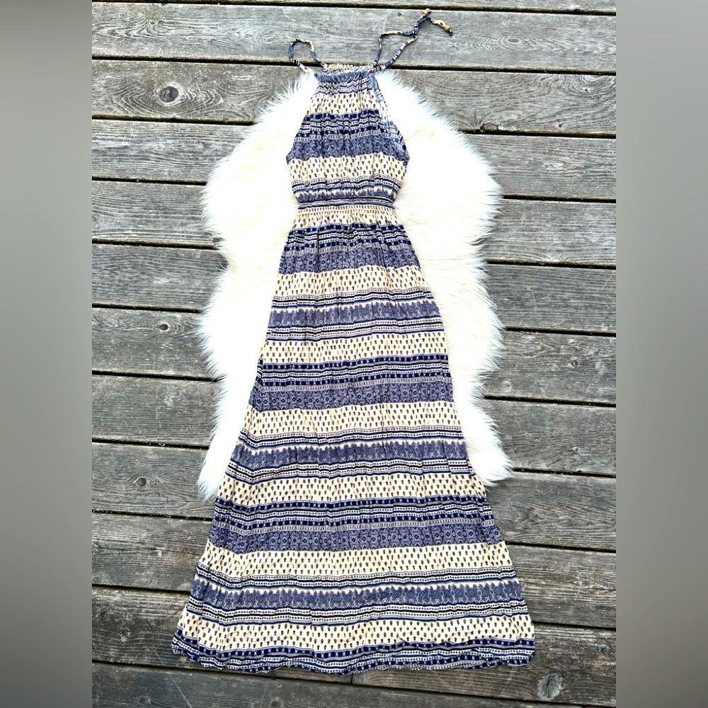 Cream Blue Multi Pattern Soft Knit Long Length Midi Dress nwot